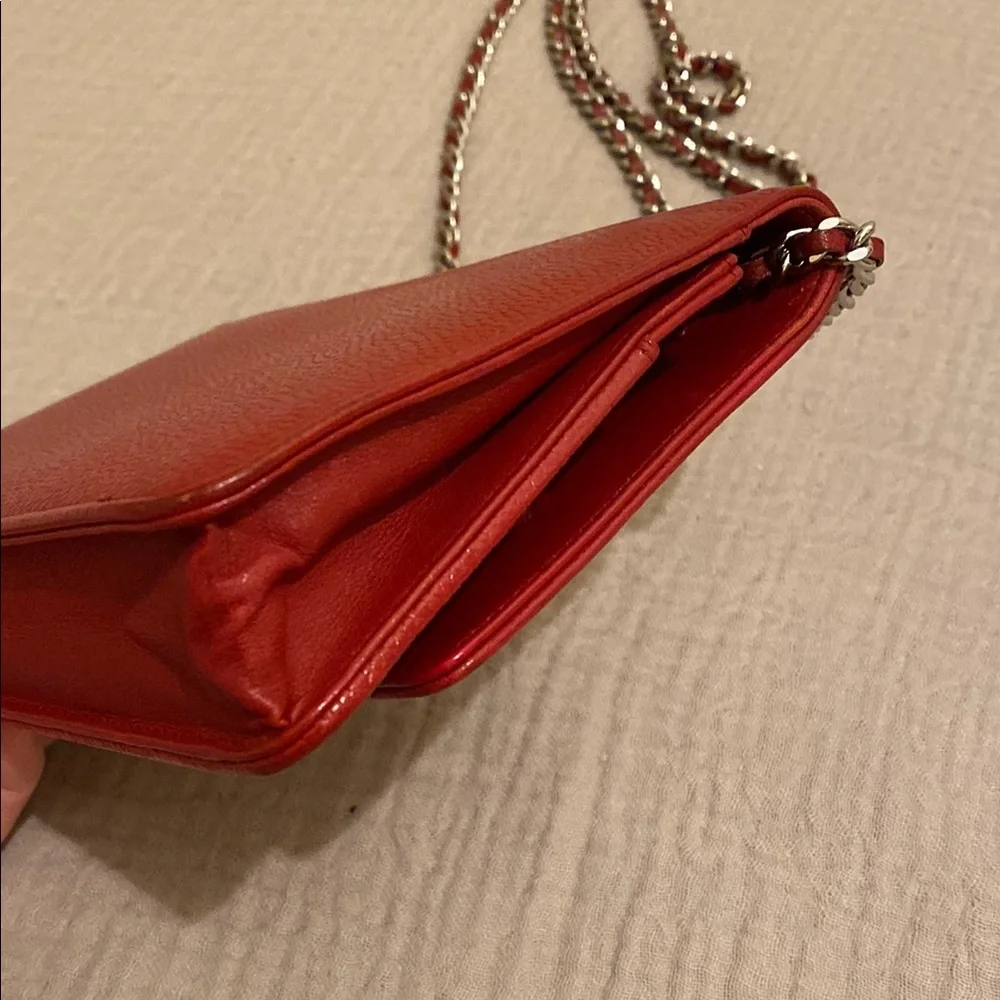 CHANEL Red Crossbody Bag with Silver Chain Strap. Wallet on chain.